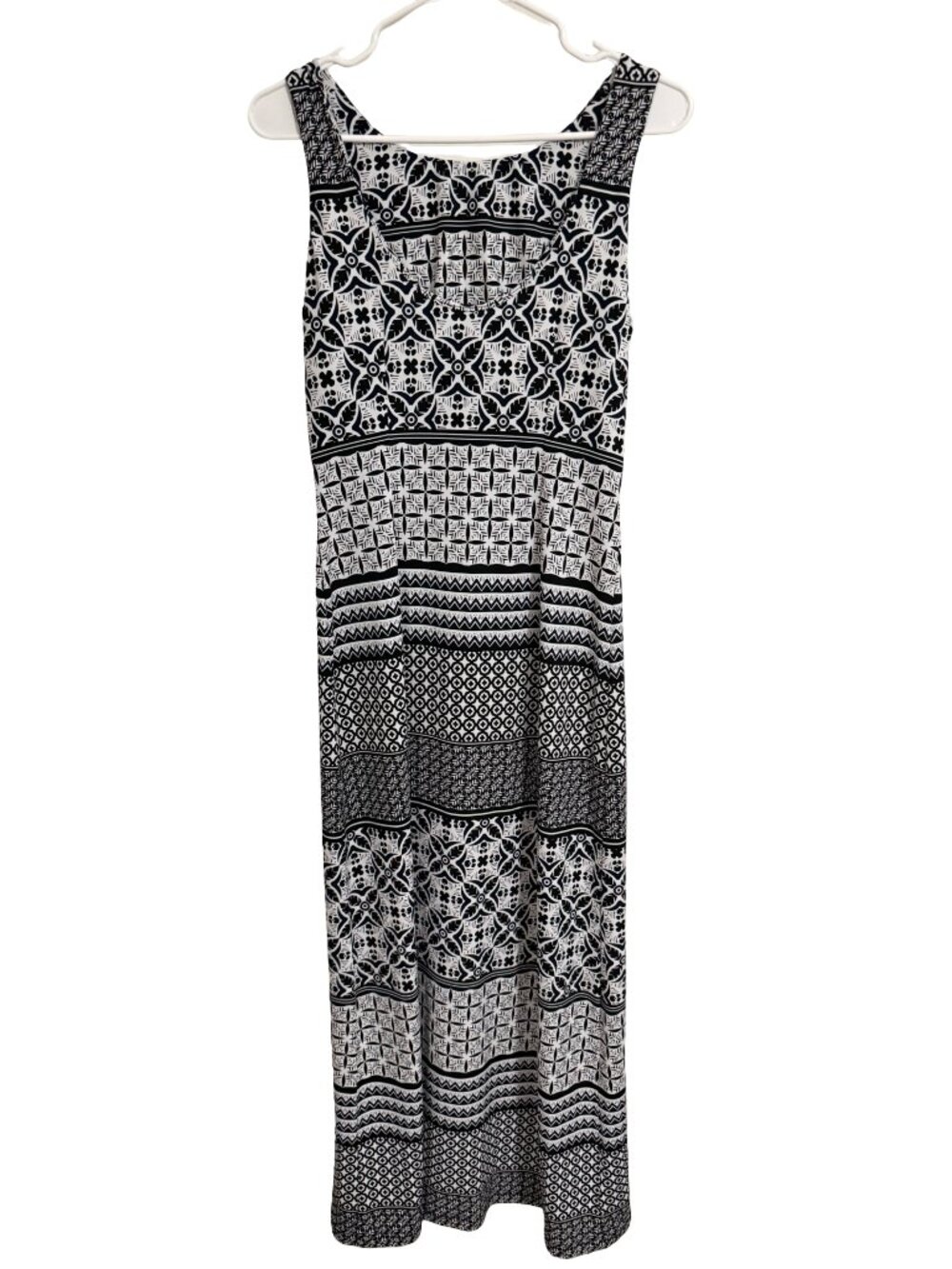 Tommy Bahama Maxi Dress XS Black White Geometric Print Liquid Knit Slinky Scoop - Picture 3 of 7
